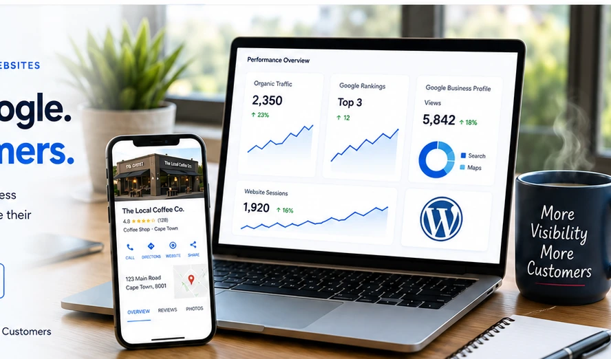 SEO performance dashboard and Google Business Profile shown on a laptop and phone